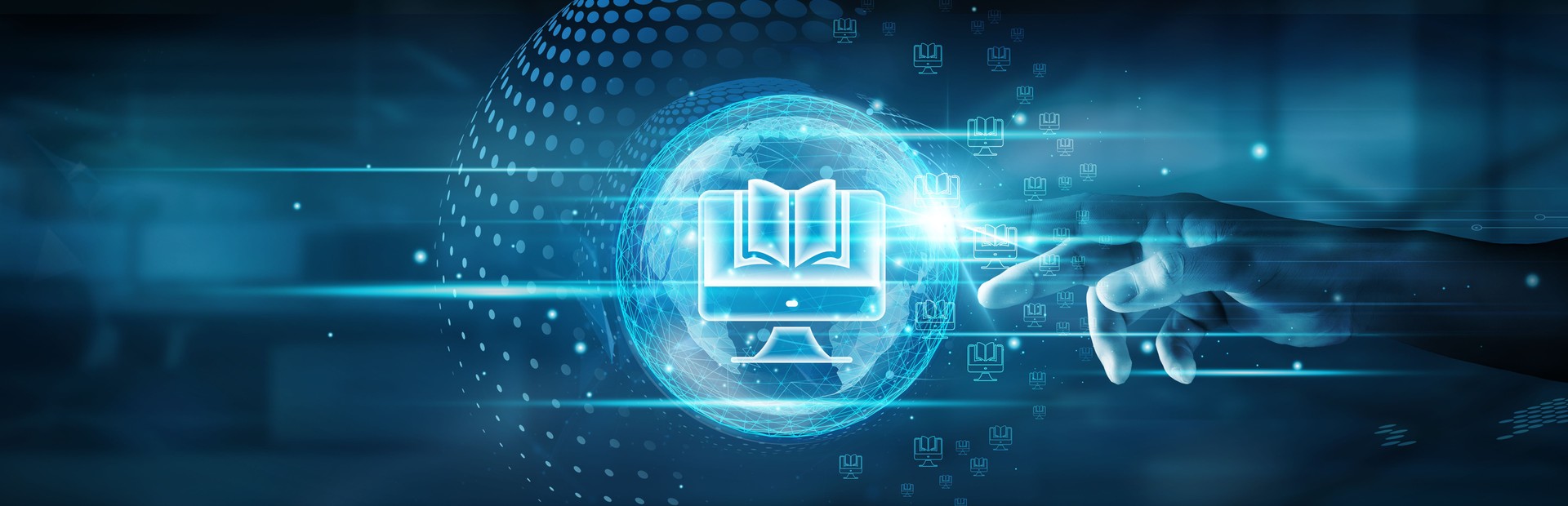 E-learning. Hand touching global network connection and accessing online educational platforms, sharing knowledge worldwide, participating in virtual classrooms, enhancing digital literacy. E-learning. Hand touching global network connection and accessing online educational platforms, sharing knowledge worldwide, participating in virtual classrooms, enhancing digital literacy.